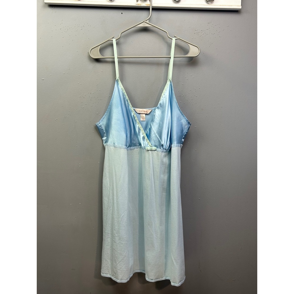 Cacique Nightgown Womens 18/20 Blue Chemise Satin Trim V-Neck Sleeveless